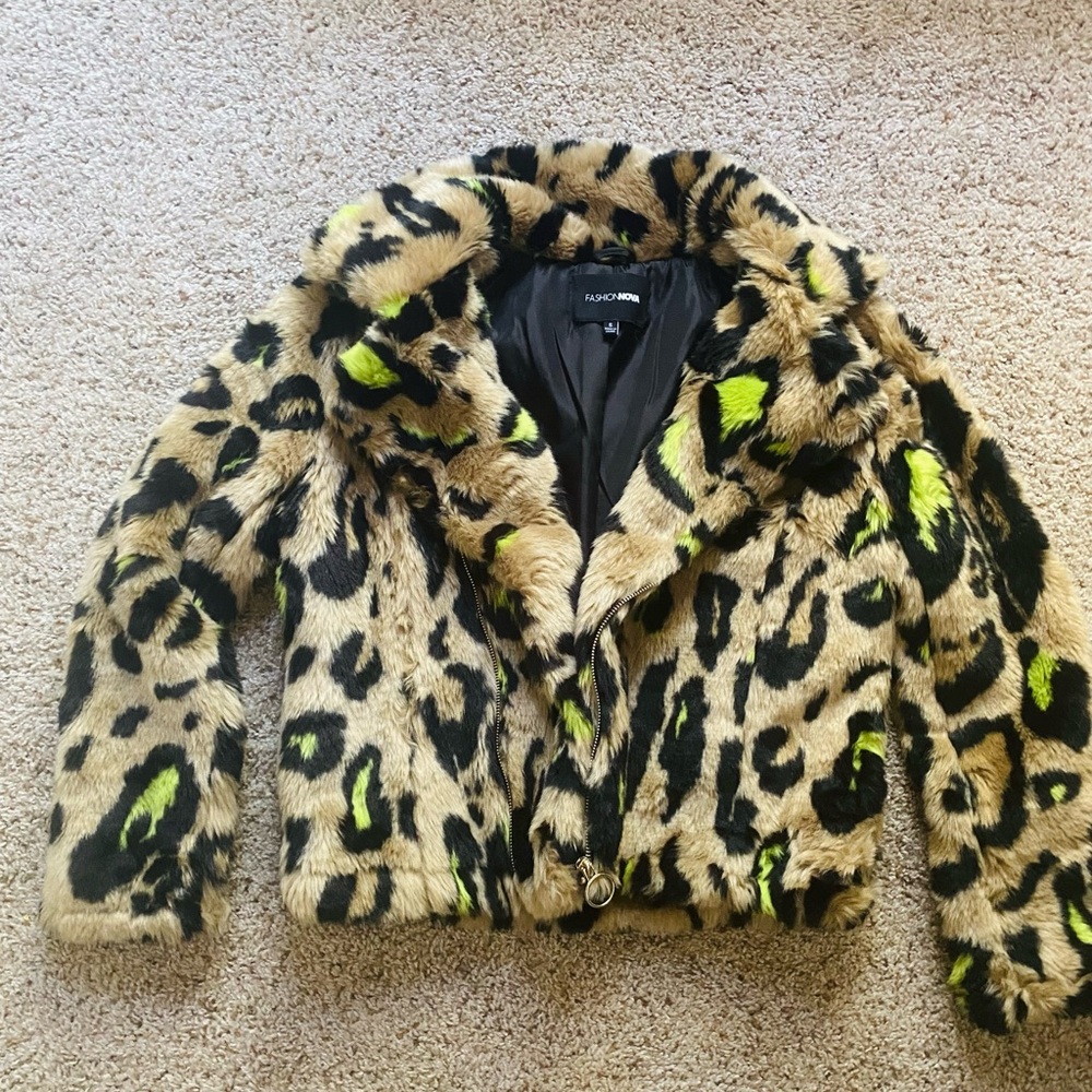 Fashion Nova Neon Leopard Fuzzy Coat